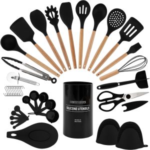 Country Kitchen Cooking Utensils Set - 40 pcs Non-stick Silicone Spatula Set with Holder, Wooden Handles and Heat Resistant Gadgets Utensil