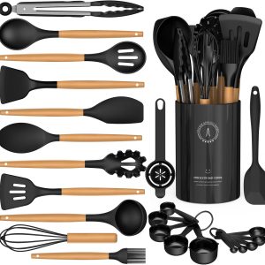 Silicone Cooking Utensils Set - Silicone Kitchen Utensils for Cooking Wooden Handles, 446°F Heat Resistant Kitchen Utensil Spatula Sets w Holder, Gadgets for Non-Stick Cookware BPA FREE (Black)